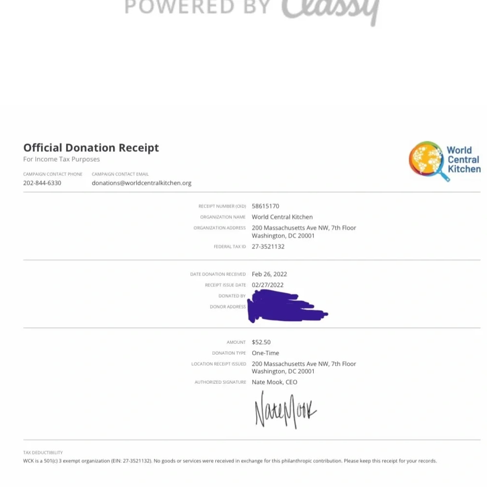 Donation receipt-WCK in support of Ukraine refugees